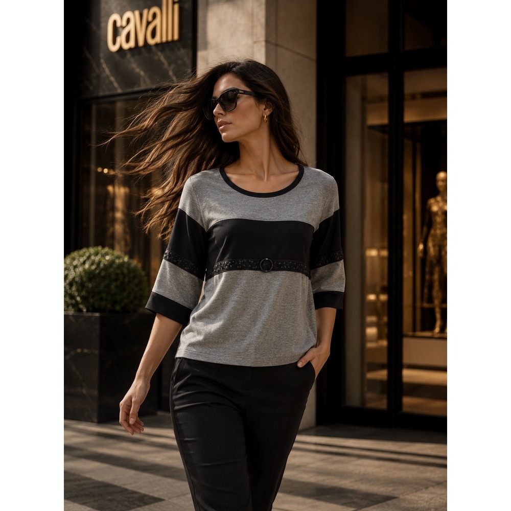 Cavalli Class Roberto Cavalli Grey Black Lace Trim Modal Top Size 10